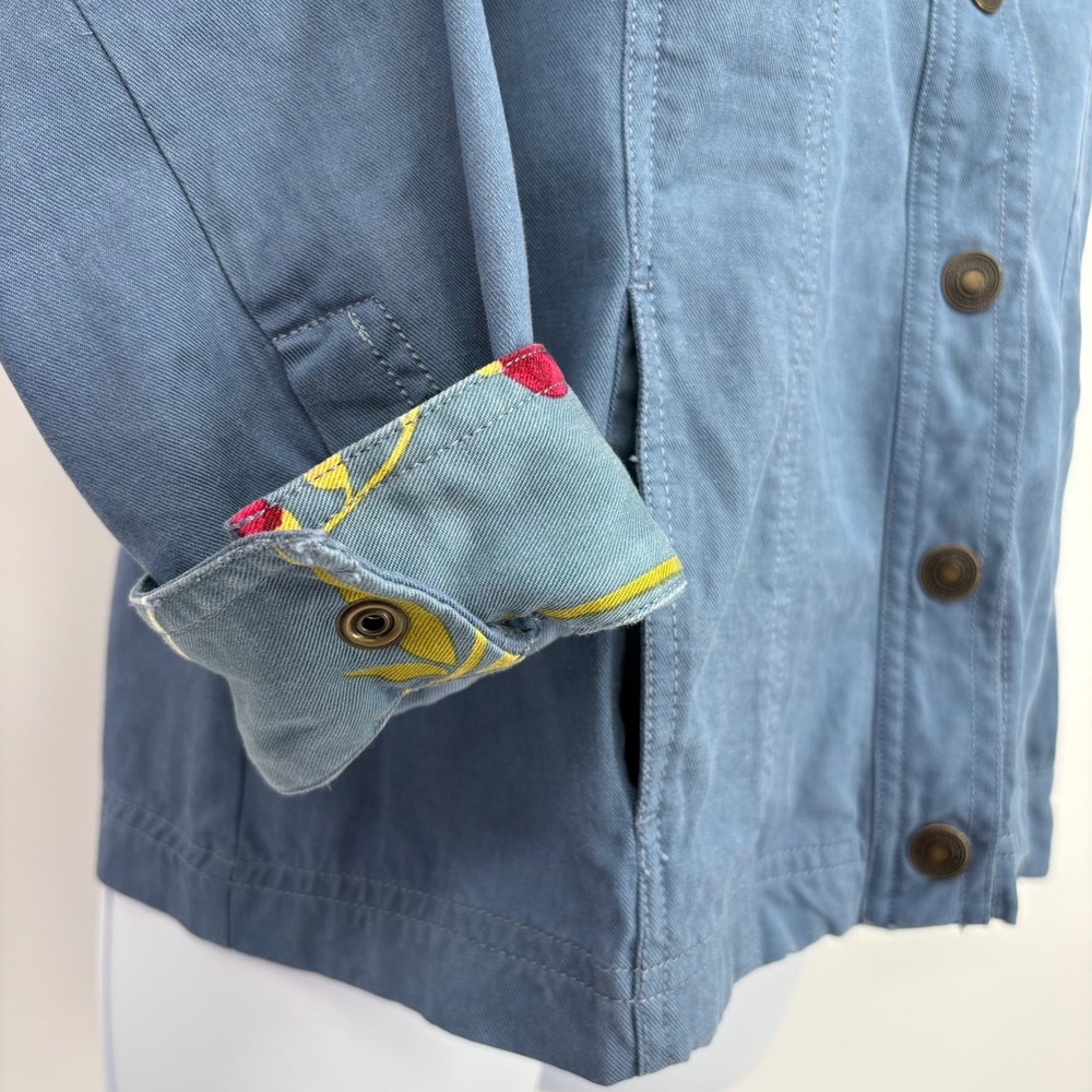 Amber Sun Jacket Women M Blue Tencel Cotton Floral Trim Snap Front Chore Utility - Picture 2 of 11